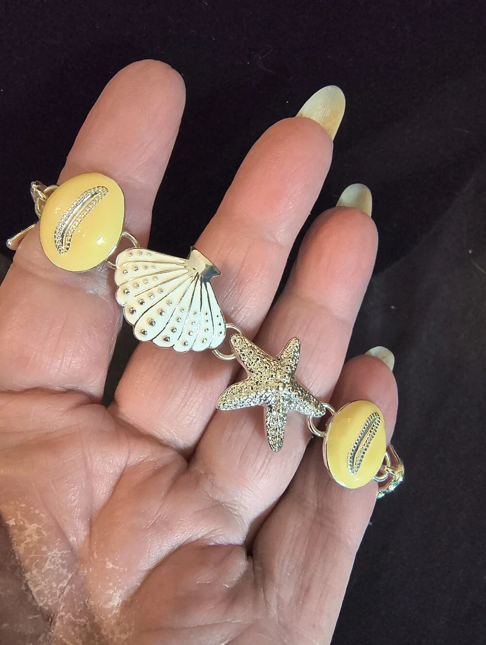 Coastal Starfish Seashell Bracelet 14K White Gold Plated Yellow Enamel NWOT